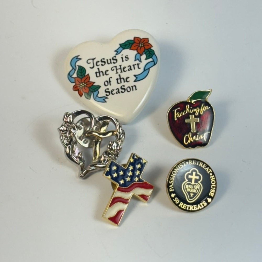 Vintage Religious Patriotic Lapel Pin Lot Multicolor Metal Ceramic Heart Cross